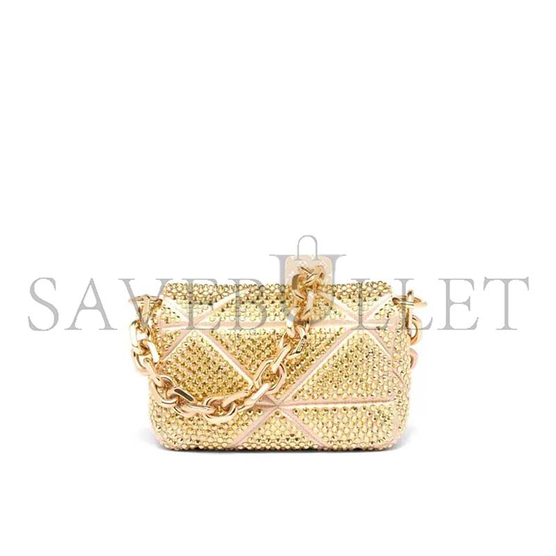 PRADA MINI CRYSTAL EMBELLISHED TRIANGLE LOGO SHOULDER BAG IN GOLD 1BD329 (17*11.5*6cm)